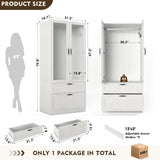 MEISSALIVVE 2 Door Wardrobe Cabinet with Hanging Rod & 2 Drawers, 70.9''H Armoire Wardrobe Closet with Frosted Glass, Wardrobe Clothes Storage Closet Cabinet for Bedroom, Wood Grain MEISSALIVVE