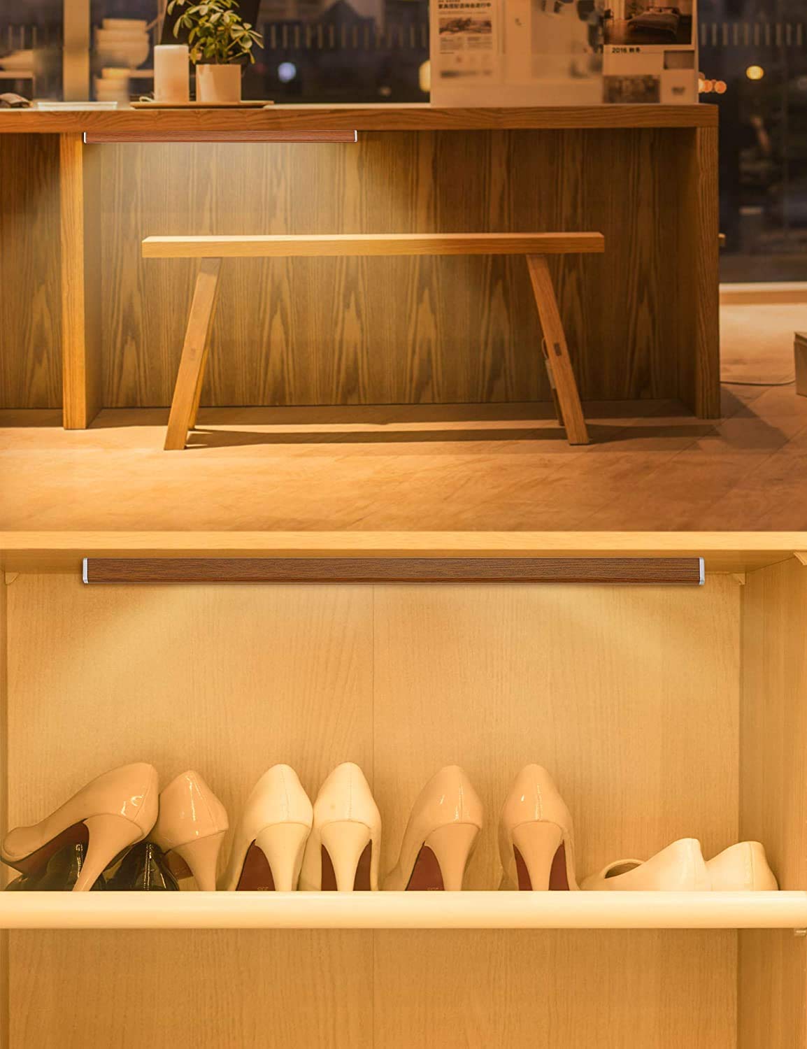 Automatic Wireless Closet Light 48 LED Rechargeable Pantry Light,Two Modes Motion Sensor Lighting Kitchen Lighting Cabinet Lights(158lm, 6500k, 15.9inch) Wood Grain Joyzy