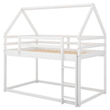 Bellemave Low Twin Over Twin House Bunk Bed for Kids - Solid White Wood with Ladder and Guardrails Bellemave