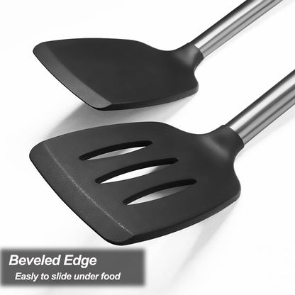 2 Pack Spatulas, Solid & Slotted Silicone Spatula Set, Stainless Steel Handle Coated with Silicone, Non Stick Turners, Heat Resistant Rubber Spatulas for Fish, Eggs, Pancakes, WOK, Black