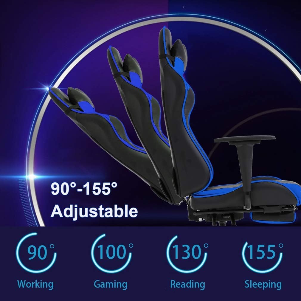 Gaming Chair Computer Chair with Footrest and Lumbar Support, Height Adjustable Game Chair Video Game Chair High Back Reclining Computer Chair with 360°-Swivel Chair for Adults, Blue Generic