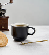 YHOSSEUN Porcelain Stackable Coffee Mug Set With Rack, Demitasse Cups with Espresso Spoons, 11 Oz For Coffee Drinks, Latte, Macchiato, Cafe Mocha Set of 4,Black YHOSSEUN