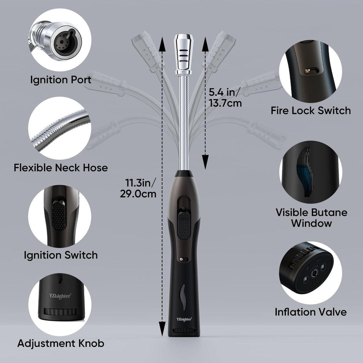 YZLighter Butane Lighter Torch Long Lighter for Grill Fireplace, Refillable Lighter Windproof with Visual Fuel Window Flexible Extra Long Torch Lighter for Camping BBQ Candles (No Butane Included) YZLighter