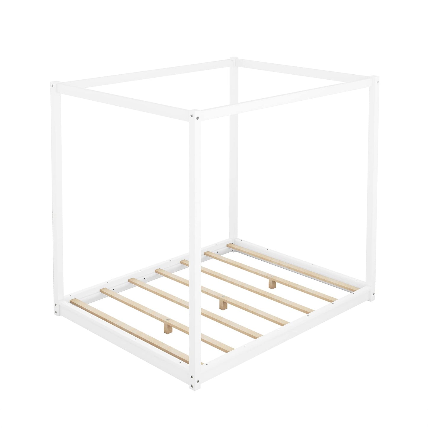 Bellemave Queen Canopy Bed Frame, Pine Wood, White, 4-Post Platform, Supports 550 lbs