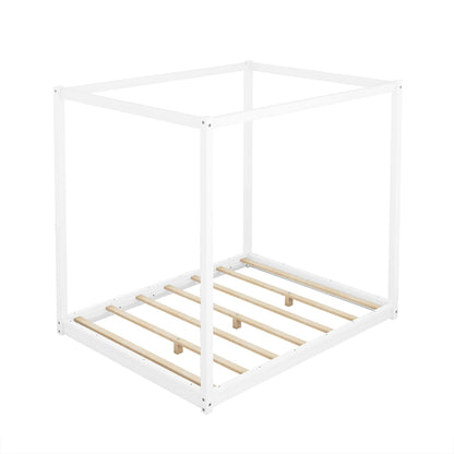 Bellemave Queen Canopy Bed Frame, Pine Wood, White, 4-Post Platform, Supports 550 lbs