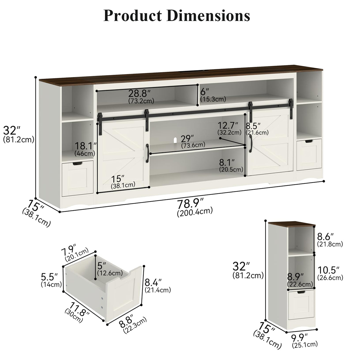 Loomie Farmhouse 3 in 1 TV Stand with Charging Station, 79"W Entertainment Center with 2 Side Cabinets for 85" TV,Media Console Table with Adjustable Shelves & Sliding Barn Door for Living Room(White) Loomie