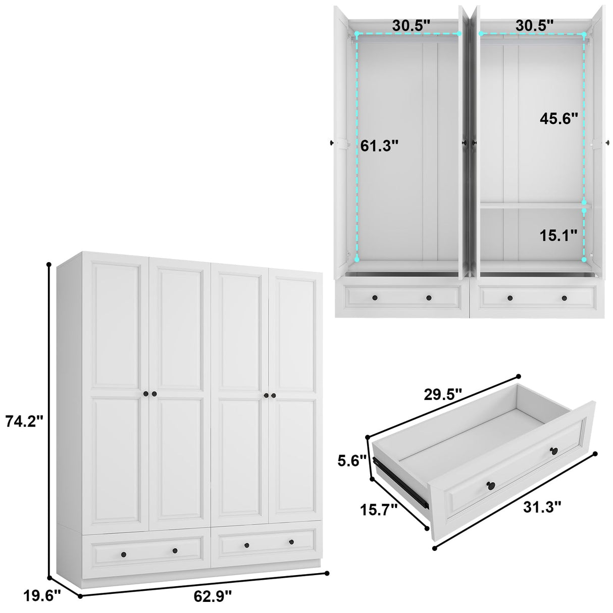Vrmuxita Armoire Wardrobe Closet with Drawers: 74" White Tall Wooden Wardrobe Closet for Hanging Clothes, Large Bedroom Armoires with 2 Drawers, 4 Door Armoire Storage Cabinet (White, 63") Vrmuxita
