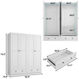 Mhsatyrs Armoire Wardrobe Closet with Drawers: 74" Large White Armoire Wardrobe Closet with 4 Doors, Bedroom Armoires with Hanging Rod and 2 Drawers, Wooden Clothes Storage Cabinet (White, 63") Mhsatyrs