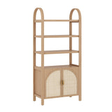 Nathan James Paxton Mid-Century Modern Arched Bookshelf Cabinet with Solid Wood Frame and Rattan Base, Raw Oak Nathan James