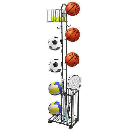FAGIGY 7 Tier Ball Storage Rack, Basketball Holder, Garage Sports Equipment Organizer with Basket & Hooks, Basketball Rack for Indoor/Outdoor, Ball Rack for Basketballs Footballs Volleyball, Black FAGIGY