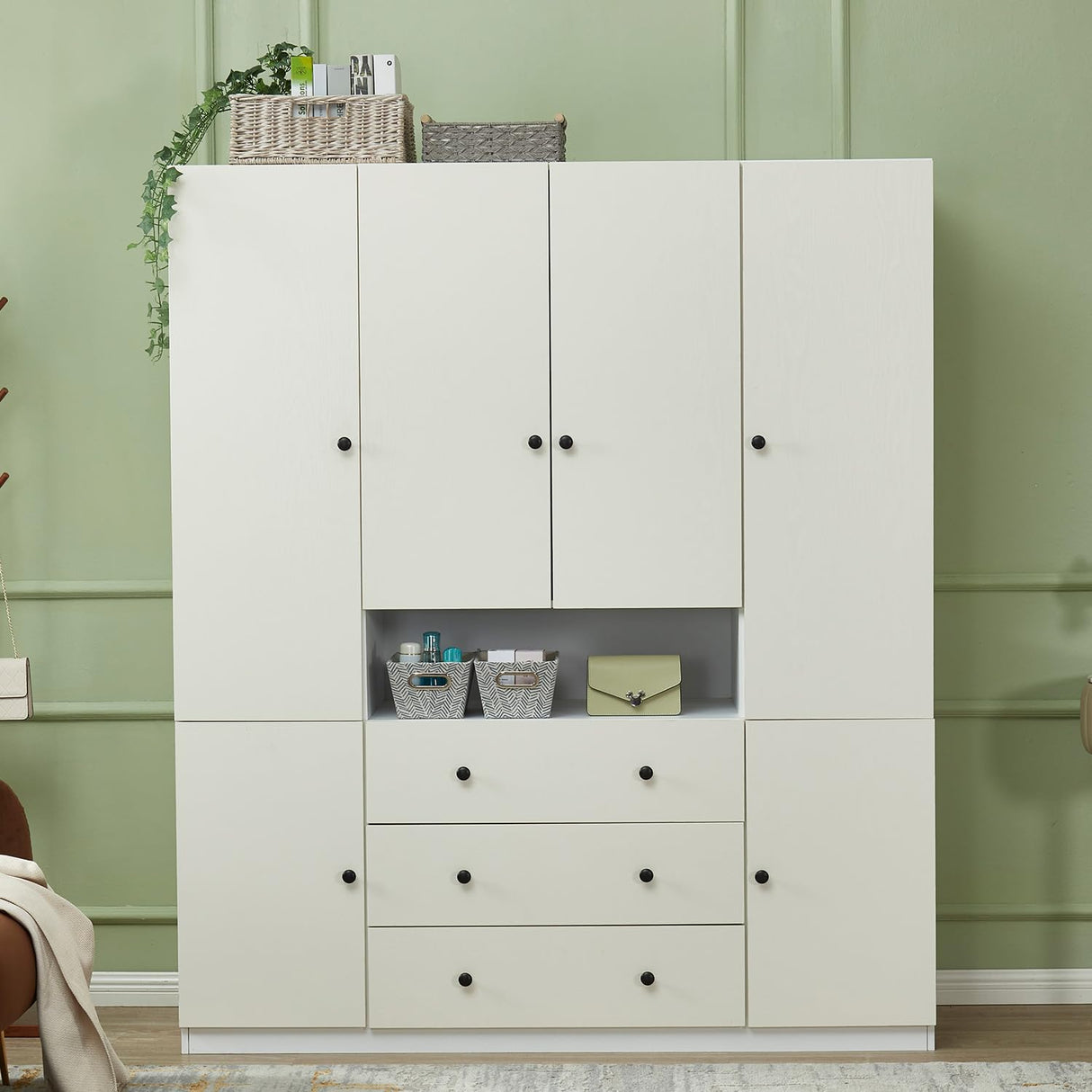 Sophshelter 4 Door White Armoire Wardrobe Closet Cabinet, Wooden 3 Drawers Tall Cabinet Closet for Large Capacity, Storage Cabinet Large Storage Cabinet with 5 Hanging Rod 63" L x 20.3" W x 72" H Sophshelter