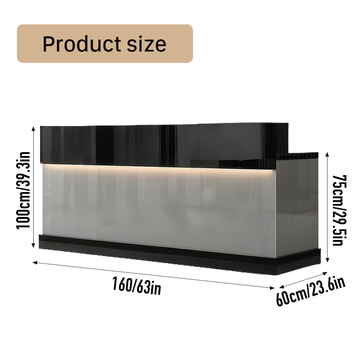 Modern Reception Desk with Counter, 63" Black Solid Wood Front Desk with Lockable Drawers/Cabinets/LED Light Strip, Retail Counter for SOHO, Office, Beauty Salon(Black+Gray, 63in) Generic