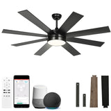 YITAHOME 60 Inch Black Ceiling Fan with Lights and Remote,8 Blades,App Control, Modern Smart Ceiling Fan Compatible with Alexa for Indoor, Reversible Quiet Motor, Memory Function YITAHOME