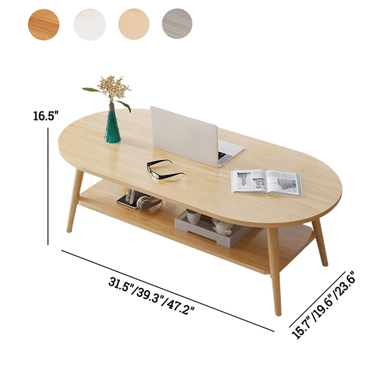 Modern Coffee Table for Living Room,Solid Wood Coffee Table with Storage Shelf,Oval Center Table Wooden Accent Cocktail End Table for Home Office Small Apartment(31.5" W, Brown) topjia