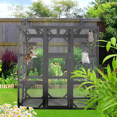 YOPTO 59" Wooden Catio Enclosure Outdoor Cat House with Anti-UV& Waterproof, Platforms and Resting Boxes Walk-in Cat Kennel Shelter for Indoor,Dark Grey YOPTO