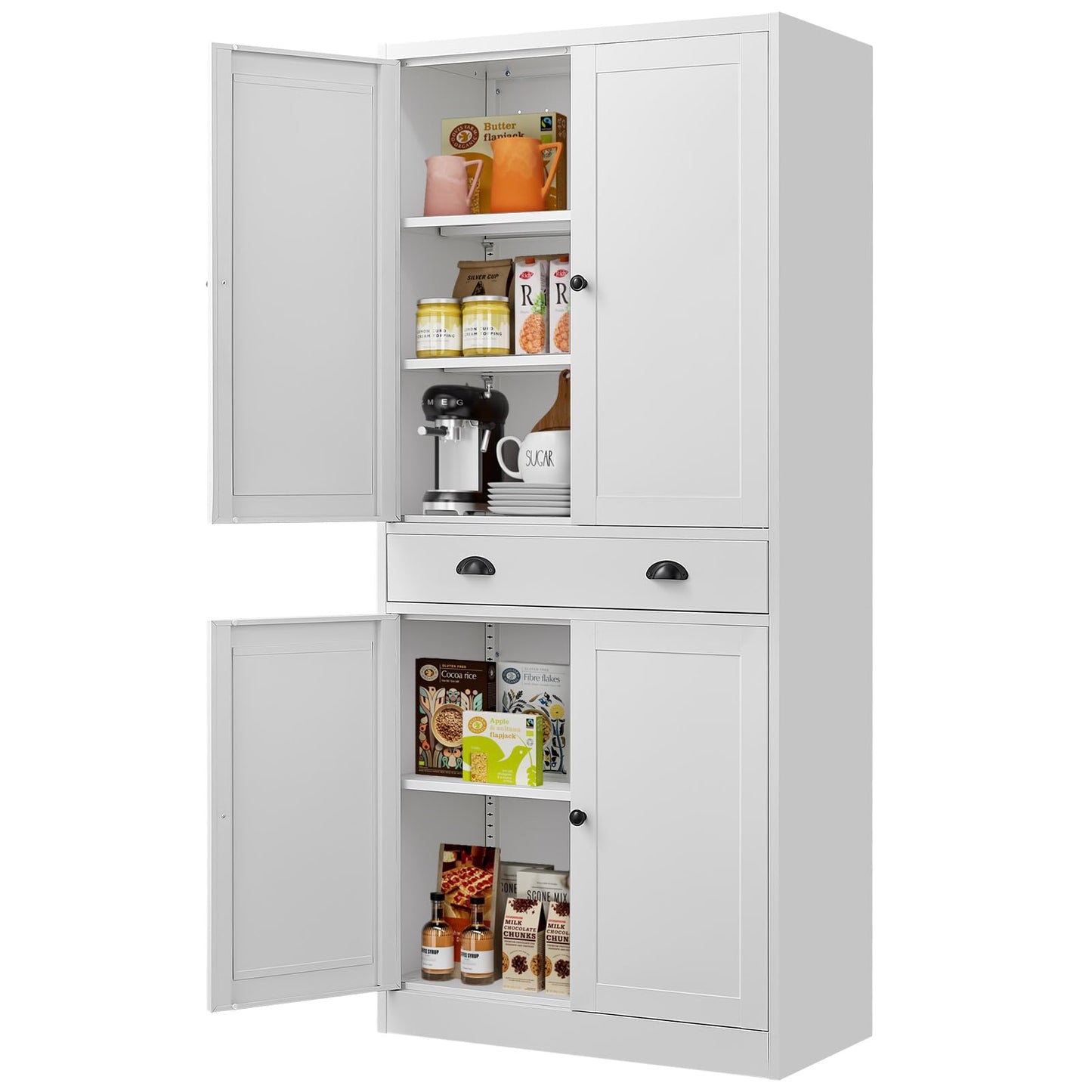 71" Kitchen Pantry Cabinet, Metal Storage Cabinets with Adjustable Shelves and Drawer, White Pantry Cabinets, 4 Doors Metal Pantries Cabinet for Kitchen, Dining Room, Living Room - Assembly Required