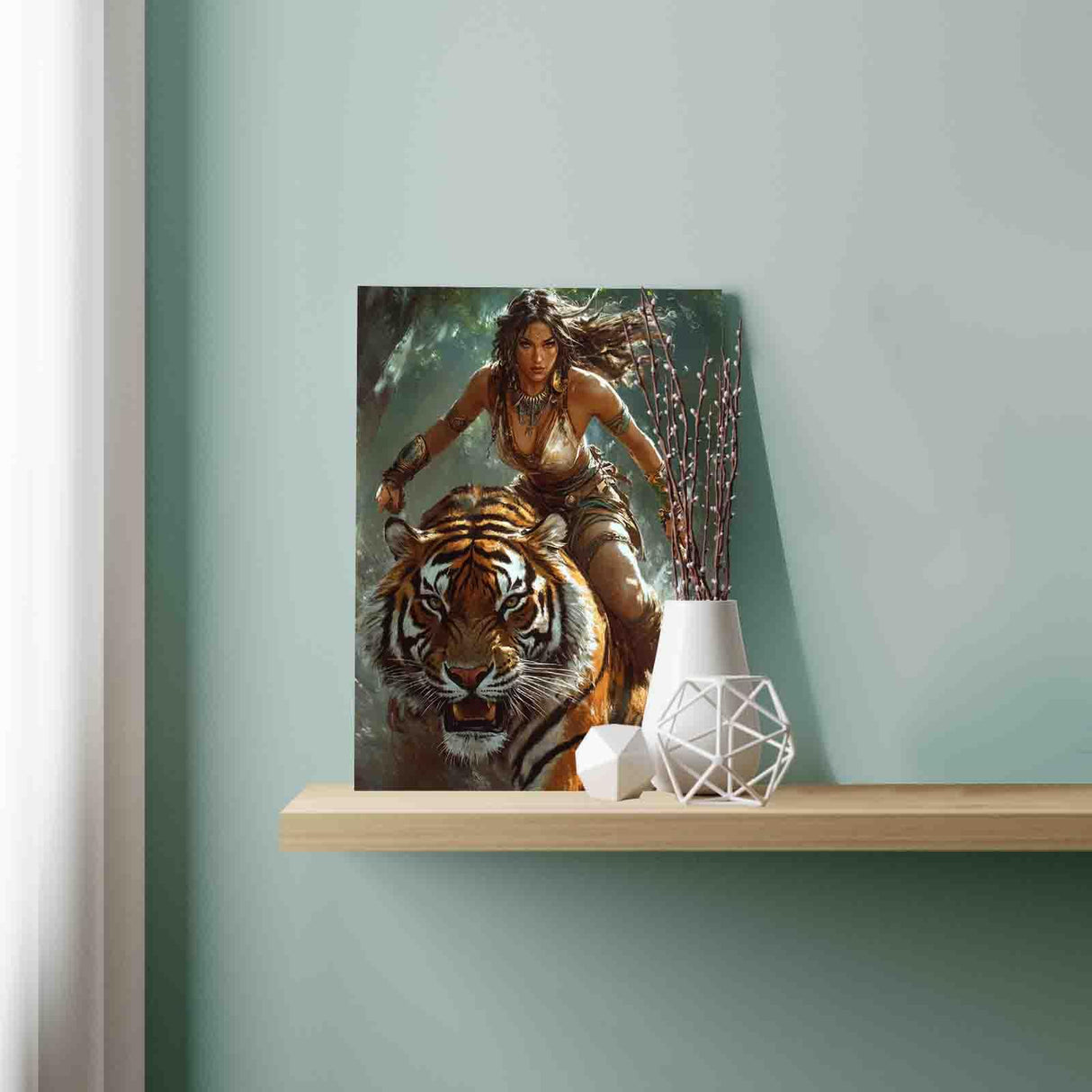 Tucocoo Beautiful Jungle Tiger Rider Paint by Number Barbarian Woman in Forest Tribal Armor Native American Woman Warrior Number Painting On Canvas for Home Wall Decor 16''W X 20''H (Without Framed) Tucocoo