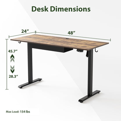 Agilestic Adjustable Height Electric Standing Desk with Storage Wooden Drawer, 48 x 24 Inches Stand Up Home Office Computer Gaming Table with Splice Board for Work Office Home, Rustic Brown