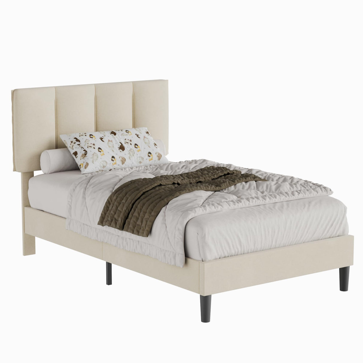 VECELO Twin Bed Frame with Upholstered Headboard, Heavy-Duty Platform Bedframe with Strong Wooden Slats Support, No Boxing Spring Needed, Pale Beige VECELO