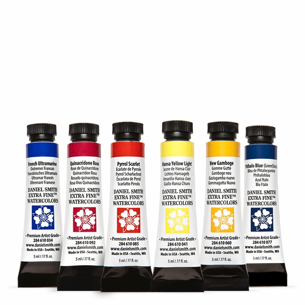 DANIEL SMITH 285610005 Extra Fine Essentials Introductory Watercolor, 6 Tubes, 5ml, Blue/Transparent/Yellow, 0.17 Fl Oz (Pack of 6) DANIEL SMITH