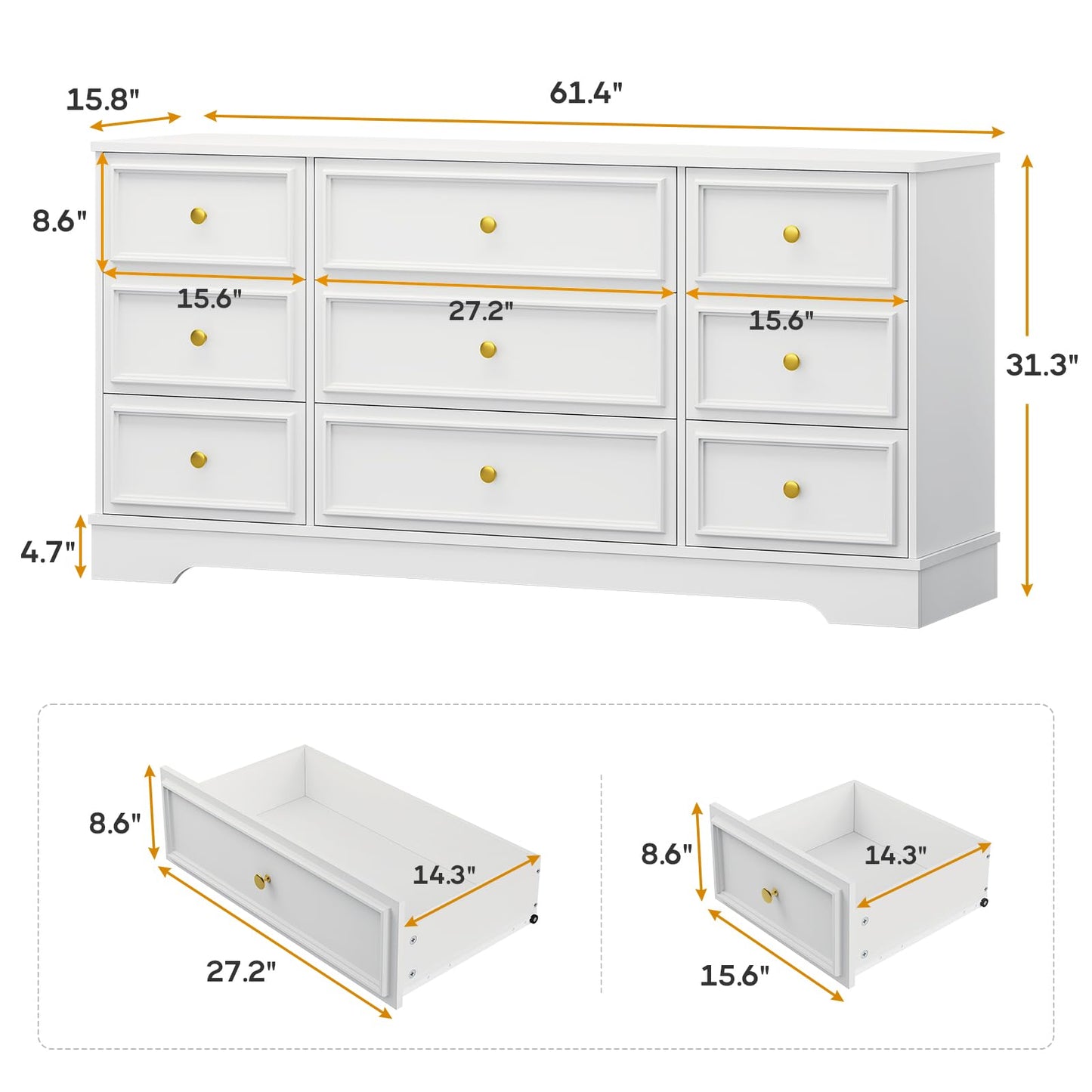 Hasuit Large Dresser with 9 Drawers for Bedroom, 61.4'' Long Modern Chest of Drawers, White Wide Dressers Clothes Closet, Wooden Bedroom Funiture Storage Organizer