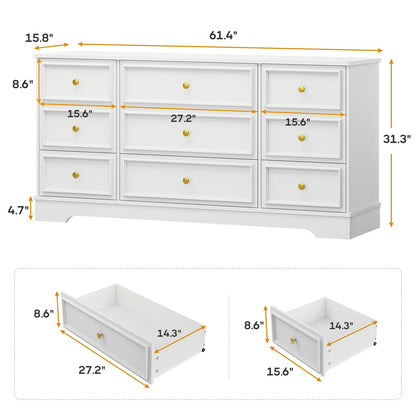 Hasuit Large Dresser with 9 Drawers for Bedroom, 61.4'' Long Modern Chest of Drawers, White Wide Dressers Clothes Closet, Wooden Bedroom Funiture Storage Organizer