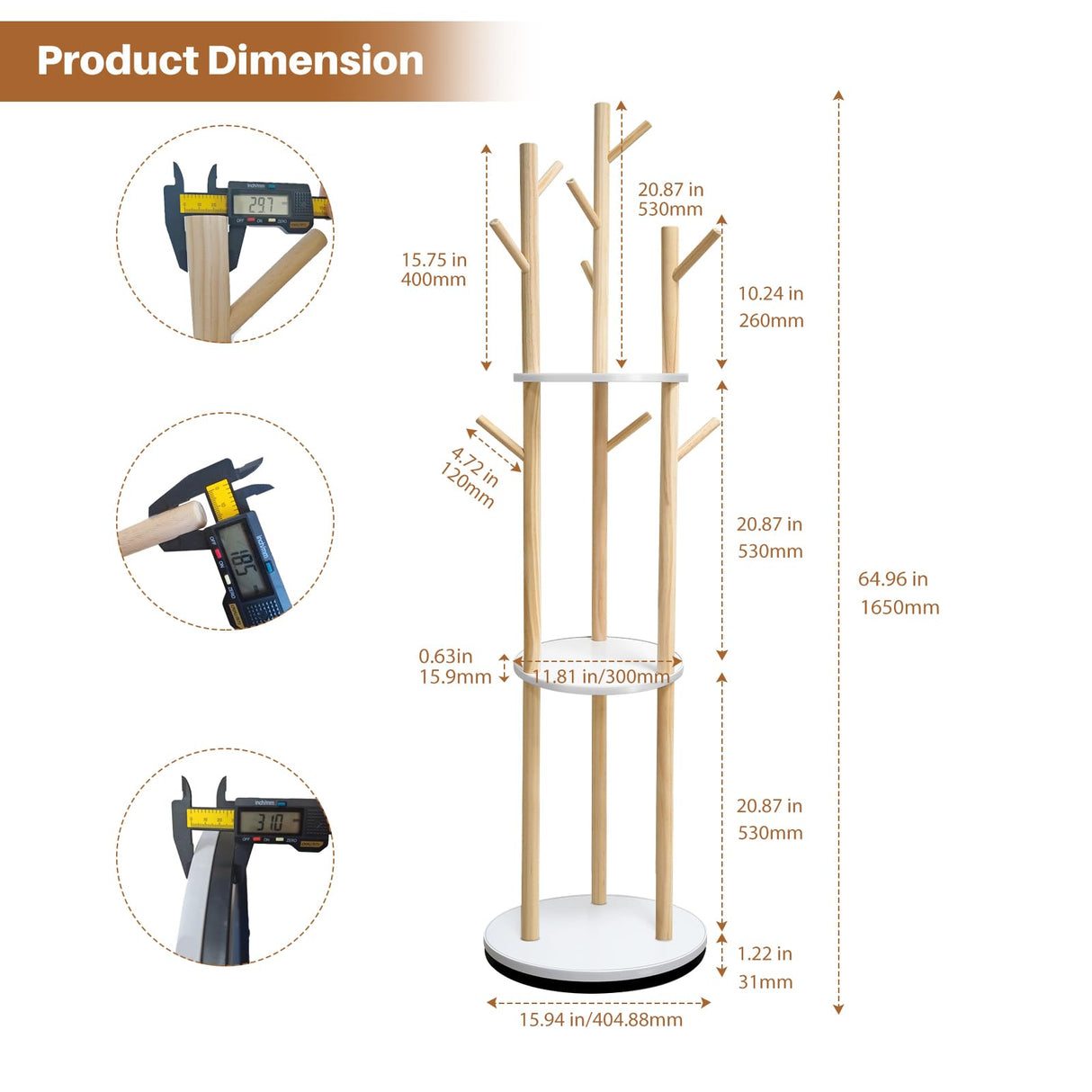 LIWSHWZ Solid Wood Coat Rack,Rotary Coat Rack Freestanding with 3 Shelves and 9 Hooks,Sturdy and Easy to Assemble Coat Tree for Entryway, Bedroom, Coats, Bags(Natural) LIWSHWZ