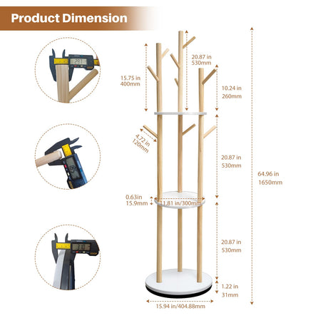 LIWSHWZ Solid Wood Coat Rack,Rotary Coat Rack Freestanding with 3 Shelves and 9 Hooks,Sturdy and Easy to Assemble Coat Tree for Entryway, Bedroom, Coats, Bags(Natural) LIWSHWZ