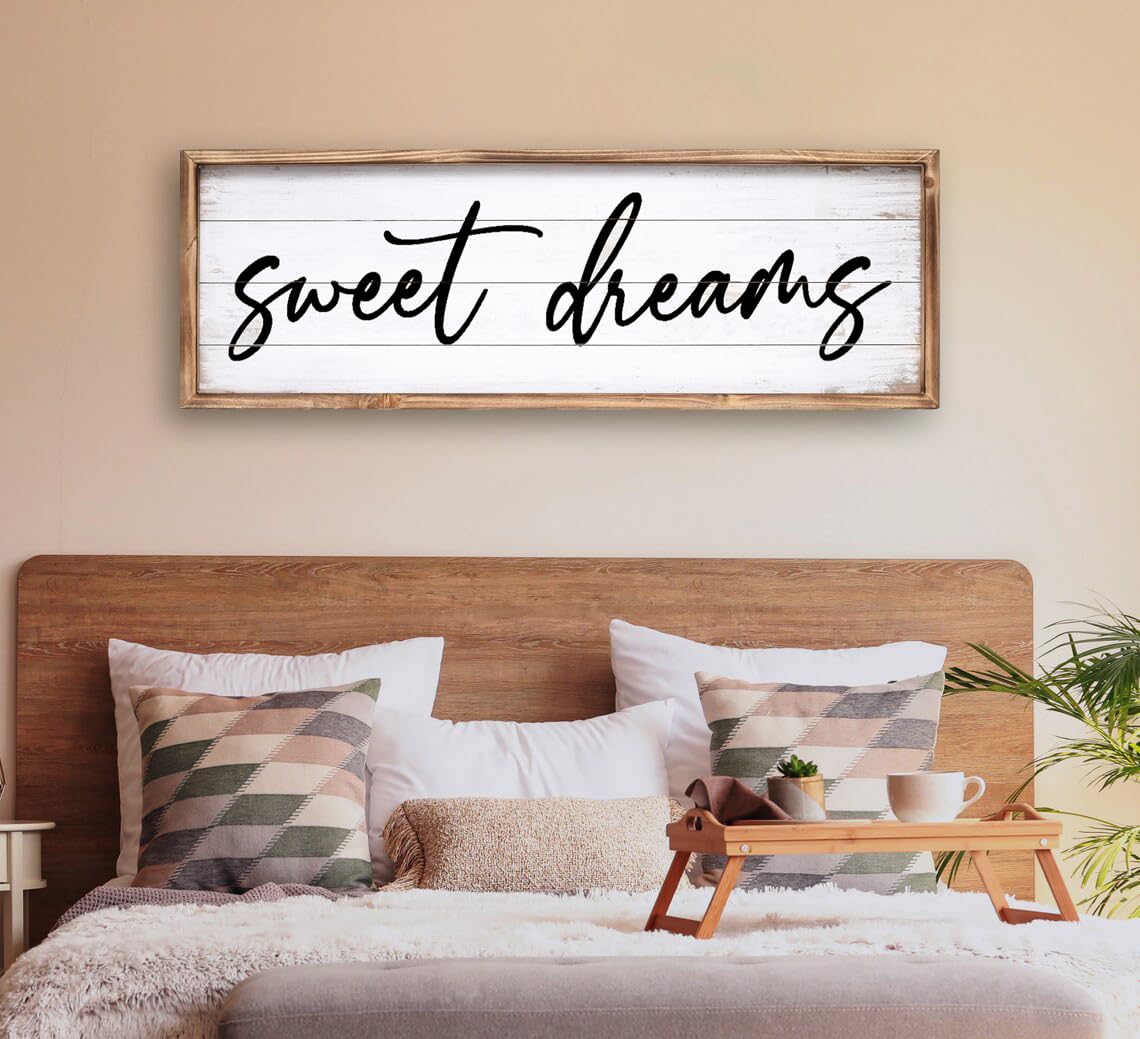 UPPER DECOR Sweet Dreams Wall Decor Above Bed 42''×15'' Large Bedroom Wall Sign Farmhouse Bedroom Sign Wood Framed Guest Room Decor Master Bedroom Wall Decoration UPPER DECOR