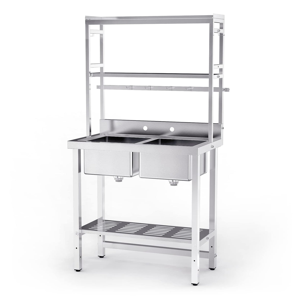 VINGLI 67" 2-Compartment Commercial Sink with Shelves Over & Drying Rack Underneath, 304 Stainless Steel Sink Double Basin with Drain for Restaurant, Freestanding Utility Sink for Laundry Room, Garage VINGLI