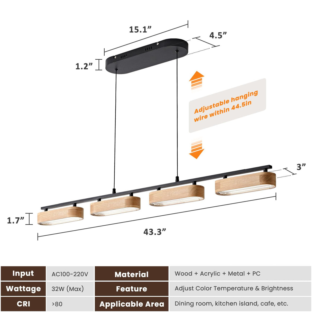 Glimchase 43.3" Linear Island Lights for Kitchen, 32W Wood Chandeliers for Dining Room, LED Rustic Dimmable Lighting Fixture for Farmhouse, 4-Light Pendant Lights for Kitchen Island Over Table Glimchase