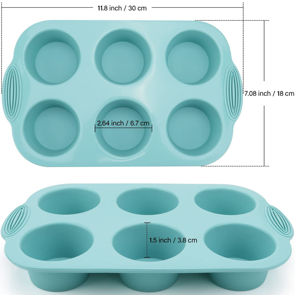 Silicone Muffin Pan - 6-Cavity Nonstick Baking Tray for Muffins, Cupcakes, Brownies and More - Food Grade and BPA Free - Pack of 3 Colors (Gray, Orange, Peacock Blue) Baocuan