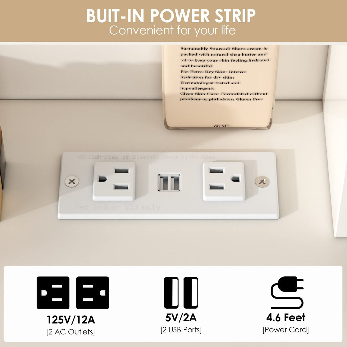 Makeup Vanity Desk with Lighted Mirror & Power Strip,Makeup Vanity Table with Lights and Lots Storage,3 Lighting Modes,35in Large Drawers Dressing Table,White Vabches