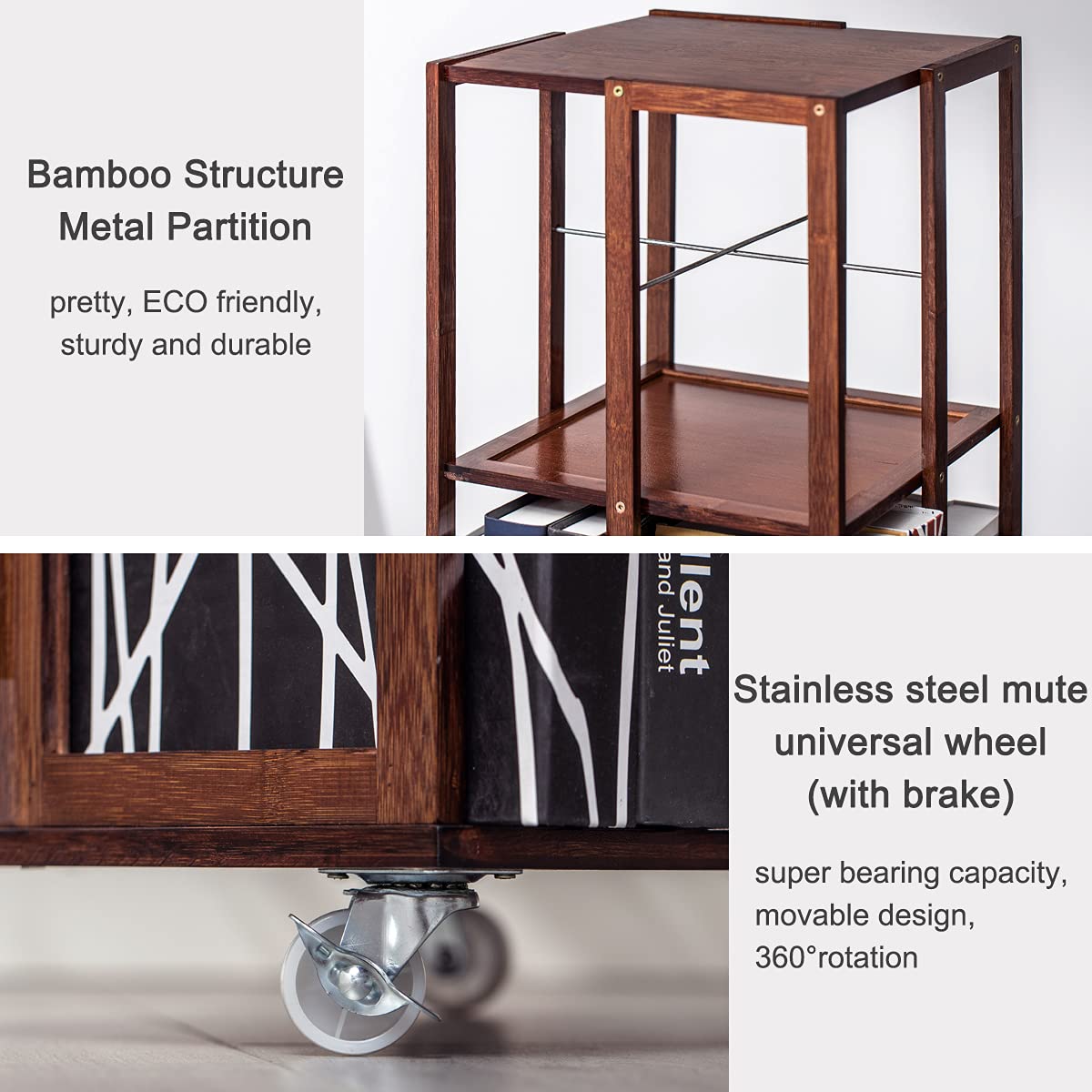 COPREE 5-Tier Walnut Bamboo Rolling Bookshelf with 360° Rotation and Wheels - WoodArtSupply