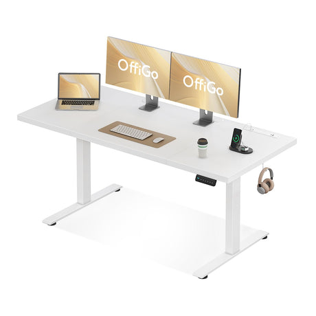 OffiGo Electric Standing Desk with 3-Piece Board, 71 Inch Height Adjustable Large Table with Power Outlets, Sit Stand Table, Writing Computer Desk for Home, Office, Workstation, White OffiGo