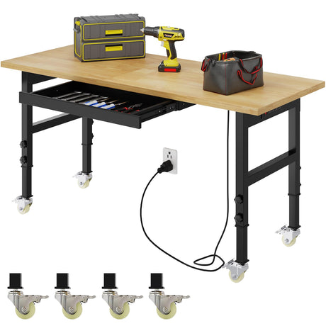 Kieperi 60” Rubberwood Work Bench with Drawers, Heavy Duty Adjustable Workbench with Power Outlet and Wheels, 2000 Lbs Capacity Workstation for Garage Kieperi