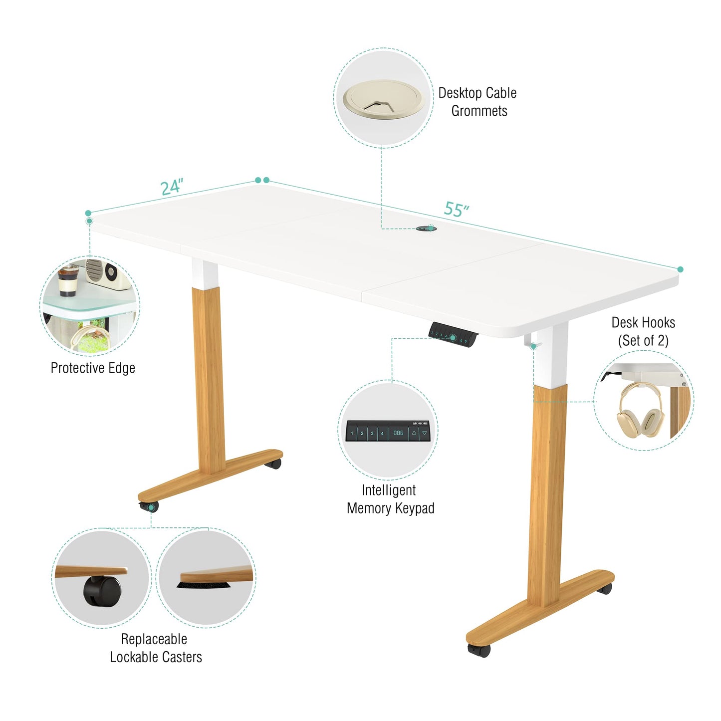 Monomi Electric Standing Desk, 55 x 28 inches Height Adjustable Desk, Ergonomic Home Office Sit Stand Up Desk with Memory Preset Controller (White Top/Wood Grain Frame) - WoodArtSupply