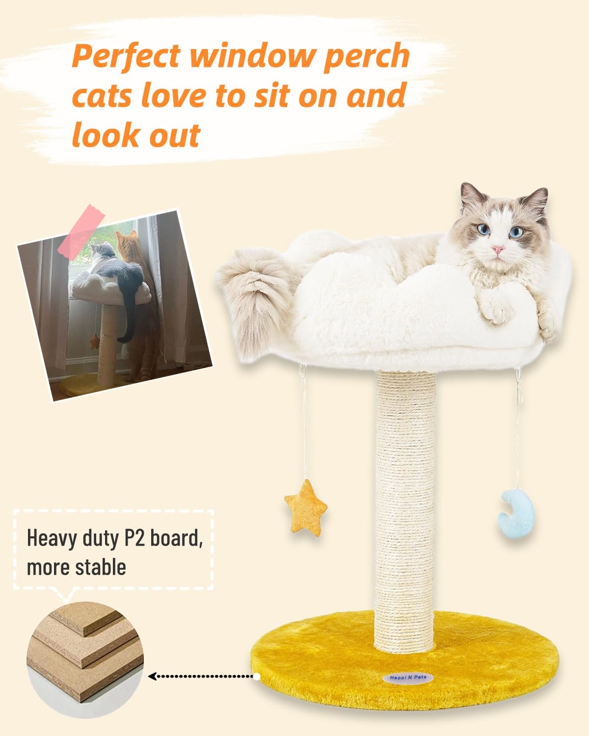 Happi N Pets Cloud Cat Tree, Cat Scratching Post with Bed, Cat Tree Tower for Indoor Cats, Sisal Cat Scratcher with Soft Perch for Kitten & Adult Cats, Small Cat Tower with Toys, Cat Scratch Post Happi N Pets