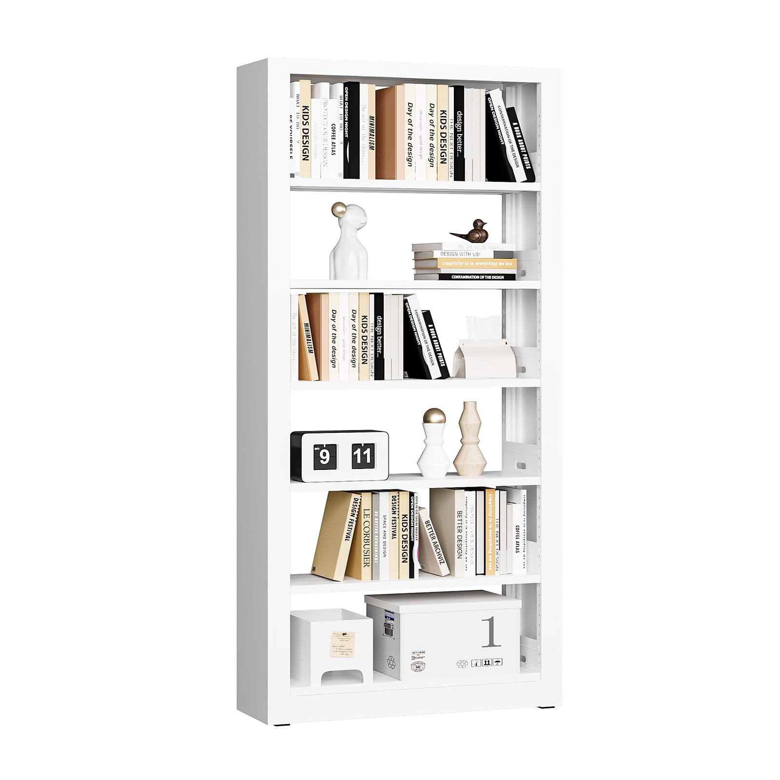 Modern 6-Tier Metal Book Shelf Storage Organiser - 77'' White Tall Bookcase for Living Room, Bedroom & Office - WoodArtSupply