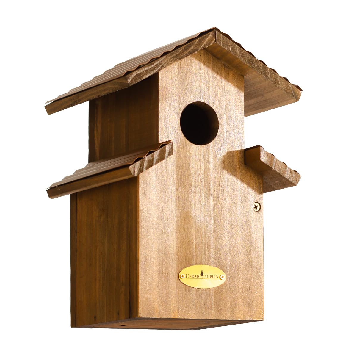 Cedar Comfy Mansion Bluebird House for Outside,2 Layers Metal Roof Water Proof, Outdoor Lifetime Durability Solid Cedar Wood Bird House for Pole, Secure Latch, Updated 1.5" Hole Size CEDAR ALPHA