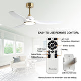 Fanliving 52 Inch 6 Speed High CFM Quiet DC Motor Modern Ceiling Fan with Lights Remote Control, 3 Blade White Gold Indoor Bedroom Living Room Ceiling Fan Fanliving