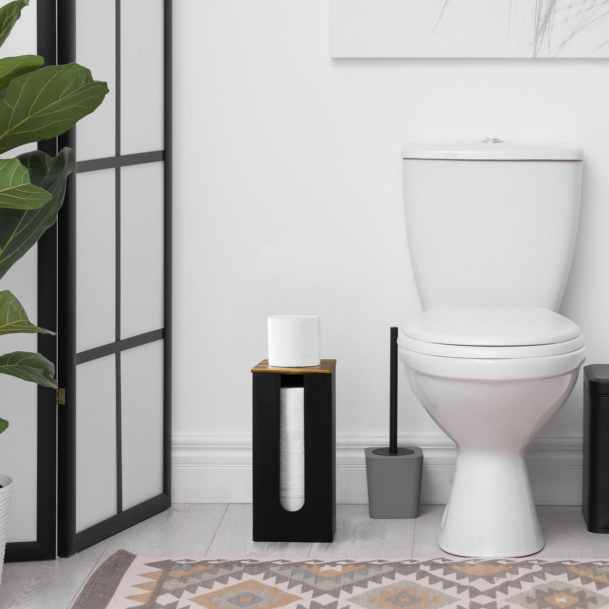 GCWSTJK Black Freestanding Wooden Toilet Paper Holder Stand, Rustic Bathroom Storage Organizer with Burnt Wood Lid, Fits 3 Extra XXL Toilet Paper Rolls GCWSTJK