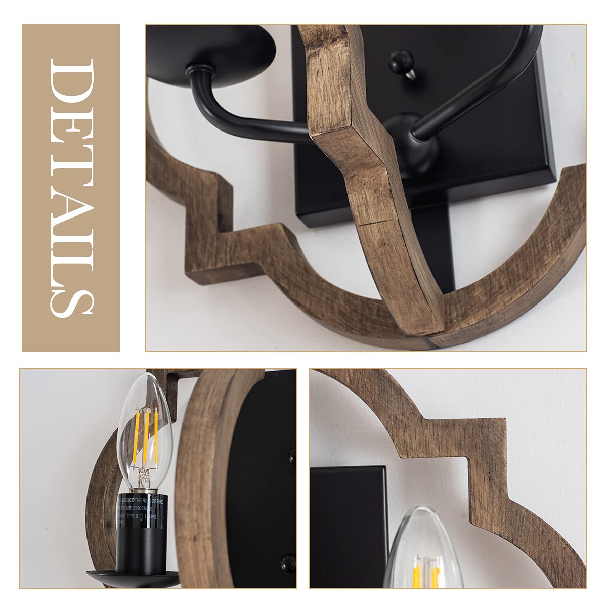 VILUXY Wood Wall sconces Retro Industrial Geometric Lantern Bedside Wall Sconce Lighting Fixture Black Wall Lamp for Bedroom, Hallway, Entryway, Passway, Dining Room 2 Pack VILUXY