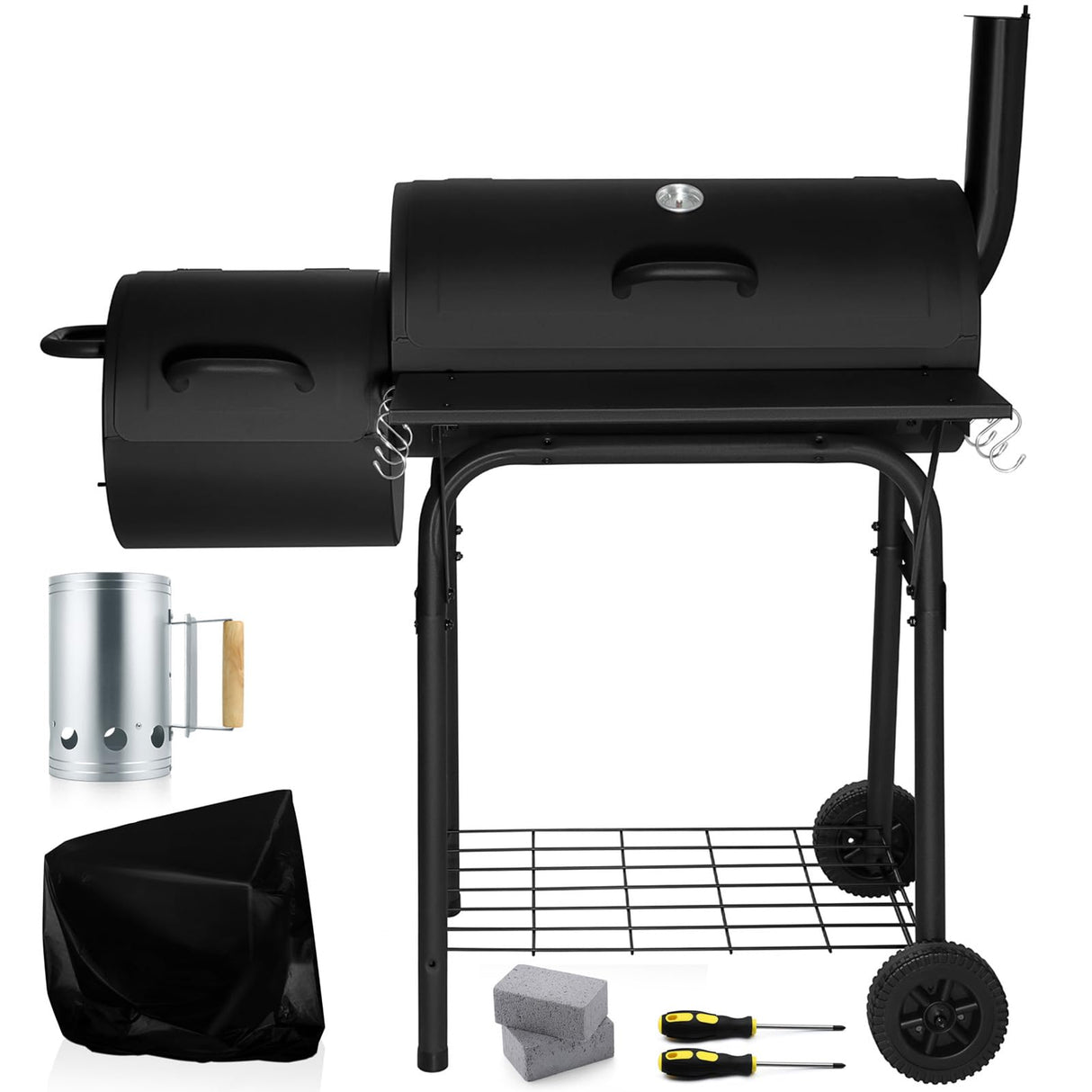 445 Square Inches Charcoal Grill with Offset Smoker, Leonyo Large Barrel Charcoal Grills with Smoker Cover, Chimney Starter for Outdoor BBQ Camping, Black Leonyo