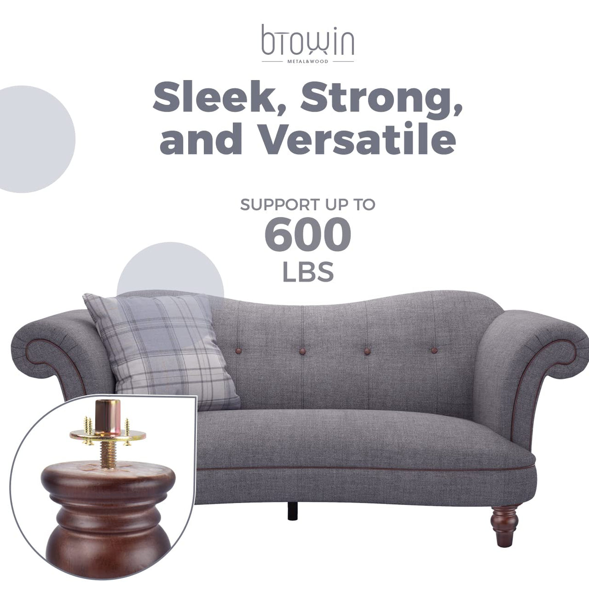 Btowin 4 inch Solid Wood Furniture Legs, 4Pcs Wooden Turned Bun Feet with Threaded 5/16'' Hanger Bolts & Mounting Plate & Screws for Sofa Couch Chair Ottoman Loveseat Btowin