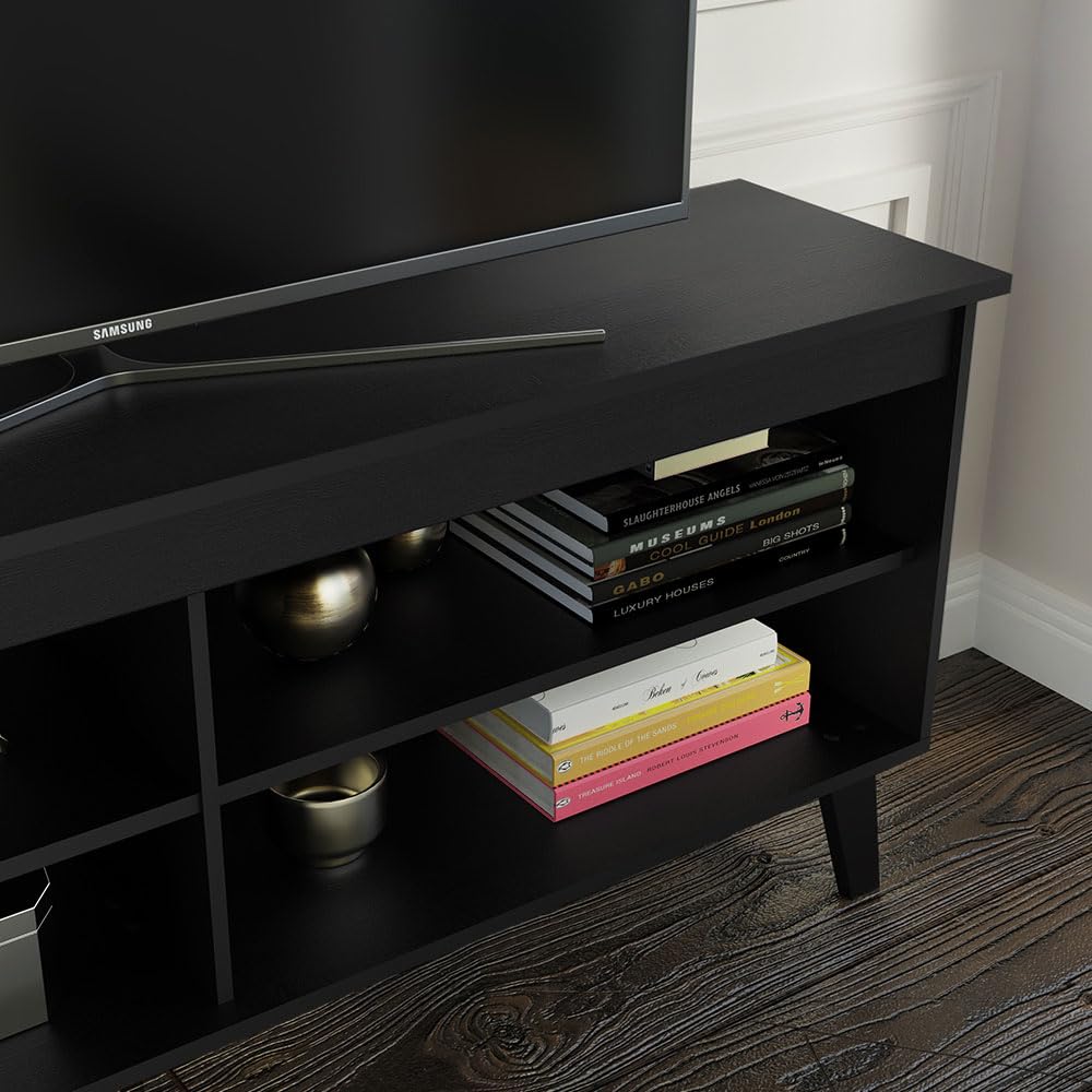 Madesa Compact TV Stand Cabinet with 4 Shelves and Cable Management for 50, 55 Inch TV Media Storage Unit Living Room and Bedroom Modern Wooden Television Media Console - Black Madesa