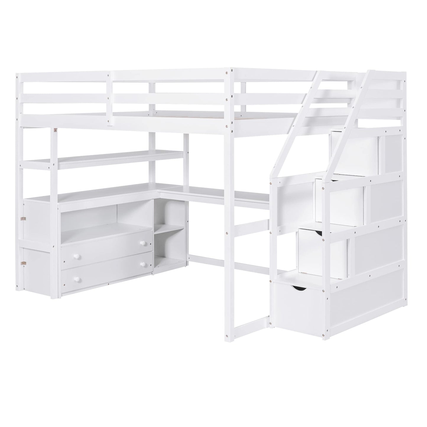 Harper & Bright Designs White Full Loft Bed with Staircase, Desk, and Storage Drawers for Kids and Teens - WoodArtSupply