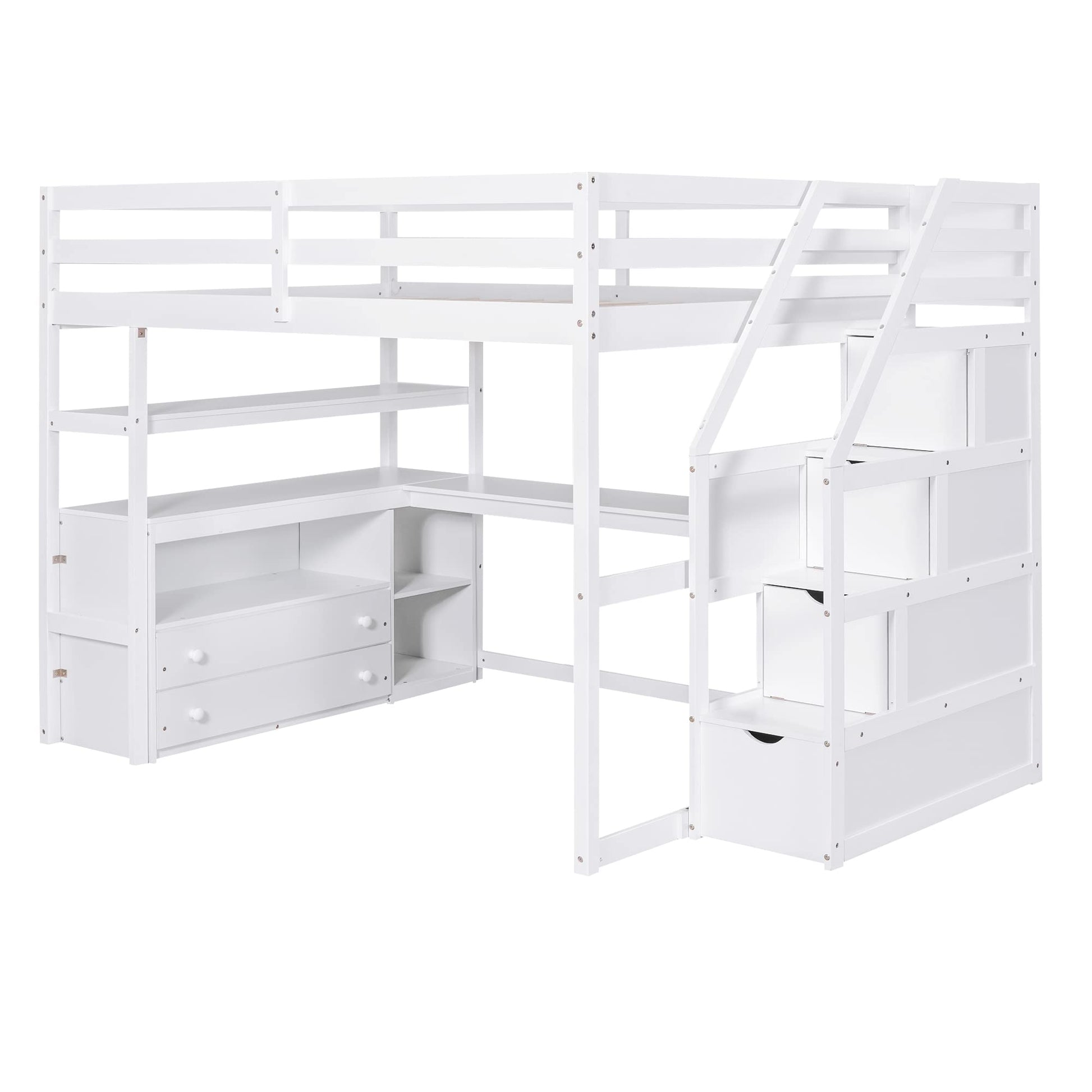 Harper & Bright Designs White Full Loft Bed with Staircase, Desk, and Storage Drawers for Kids and Teens - WoodArtSupply