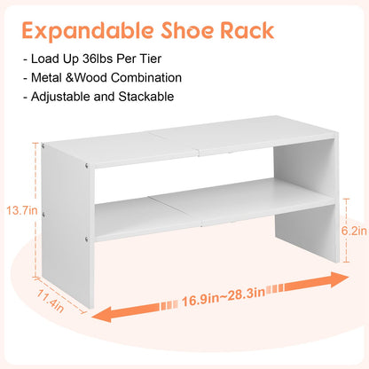 2-Tier Expandable White Shoe Rack Organizer for Closet, Stackable Shoe Rack Storage Shelf, Small Iron Wood Combination Shoe Shelves for Closets,Entryway,Front Door, Narrow Space,Hallway,6-12 Pairs