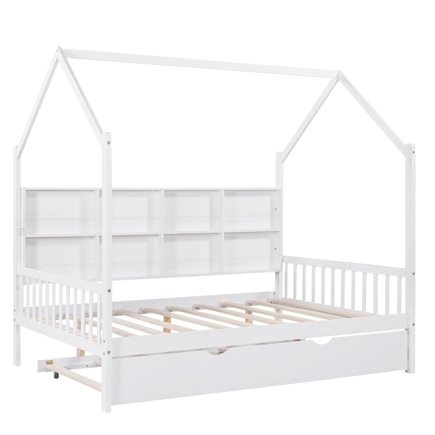 Merax White Full Size Wooden House Bed with Trundle & Shelf for Kids - WoodArtSupply